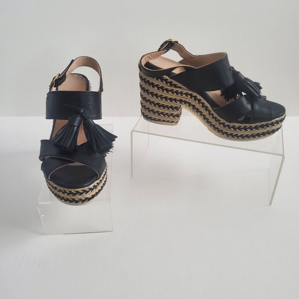 Sesto Meucci Women's Sandals Size 6 Black Leather Inka Jute 4" Heel MSRP $279